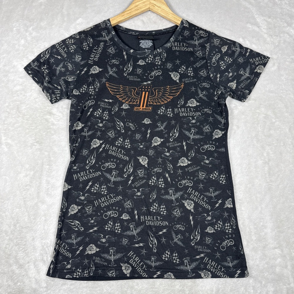 Vintage Harley Davidson Women's All Over Print Shirt Black Size Large Skulls